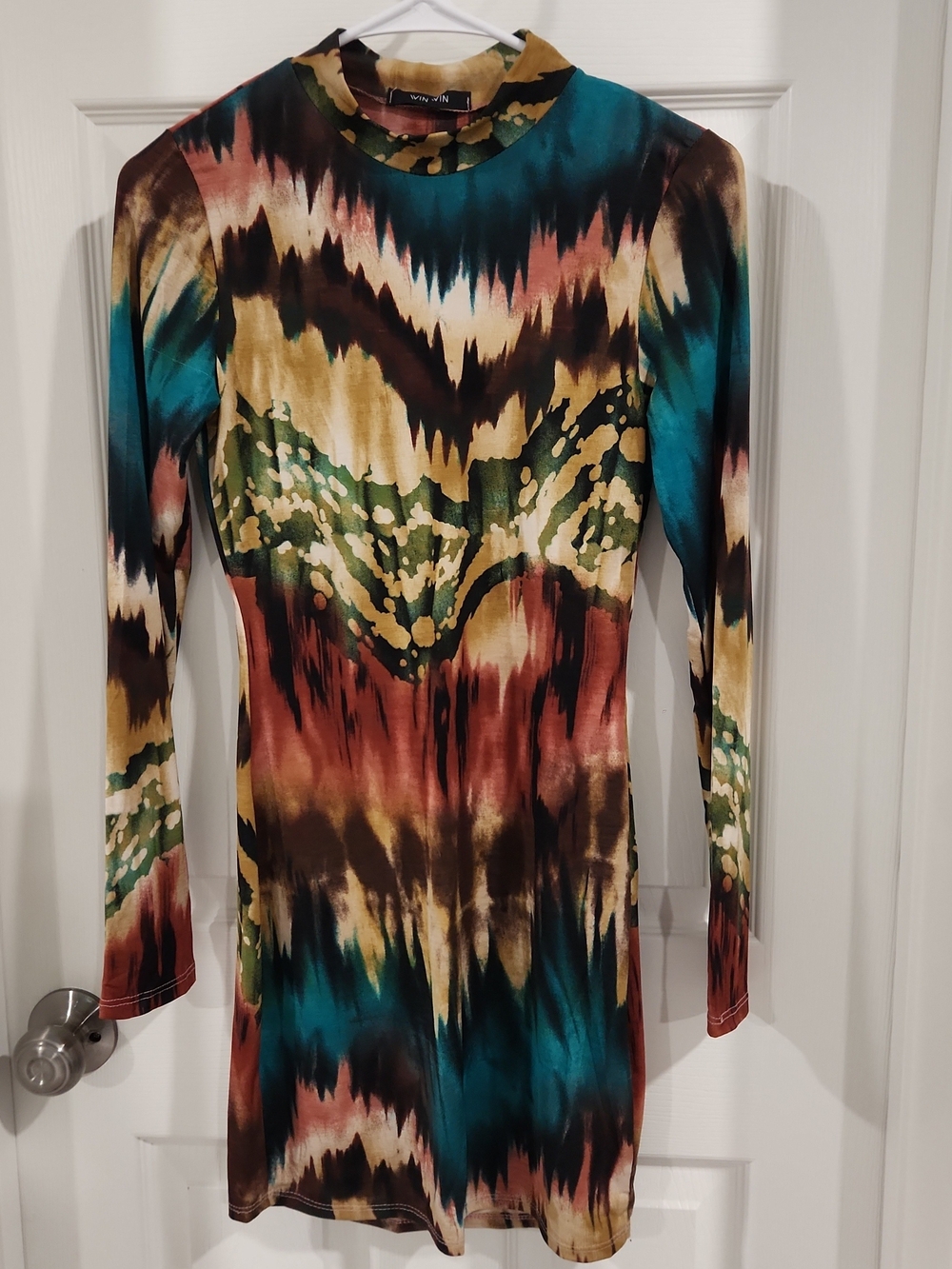NWT Win Win Bodycon Mini Dress S Tie Dye Abstract Mock Neck Long Sleeve USA